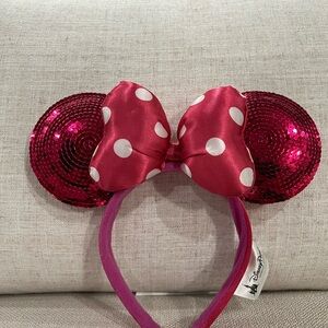 Disney Hot Pink Sequin Minnie Headband with White Polka Bow